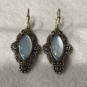 925 Silver Art Deco Style Marcasite
& Blue Mother of Pearl Lever-back Earrings